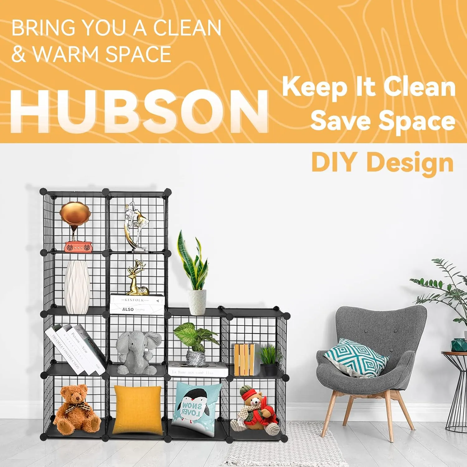 HUBSON Wire Cube Storage Organizer, Book/Toy/Craft/Potted Plants and petCloset Organizers and Storage Shelves, 25-Cube Freely Combinable Metal Grids Storage Shelf,Black Plus Iron