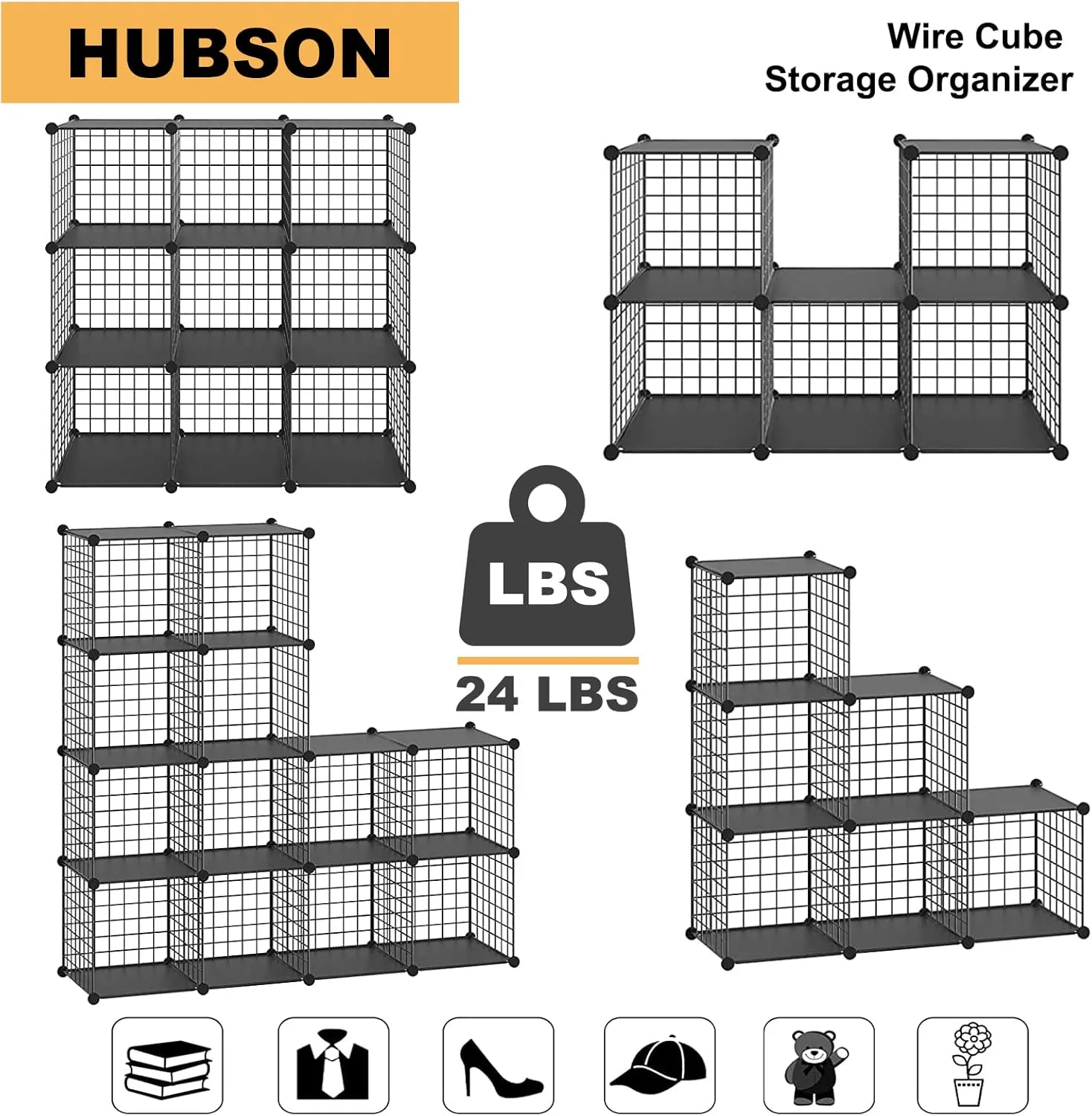 HUBSON Wire Cube Storage Organizer, Book/Toy/Craft/Potted Plants and petCloset Organizers and Storage Shelves, 25-Cube Freely Combinable Metal Grids Storage Shelf,Black Plus Iron