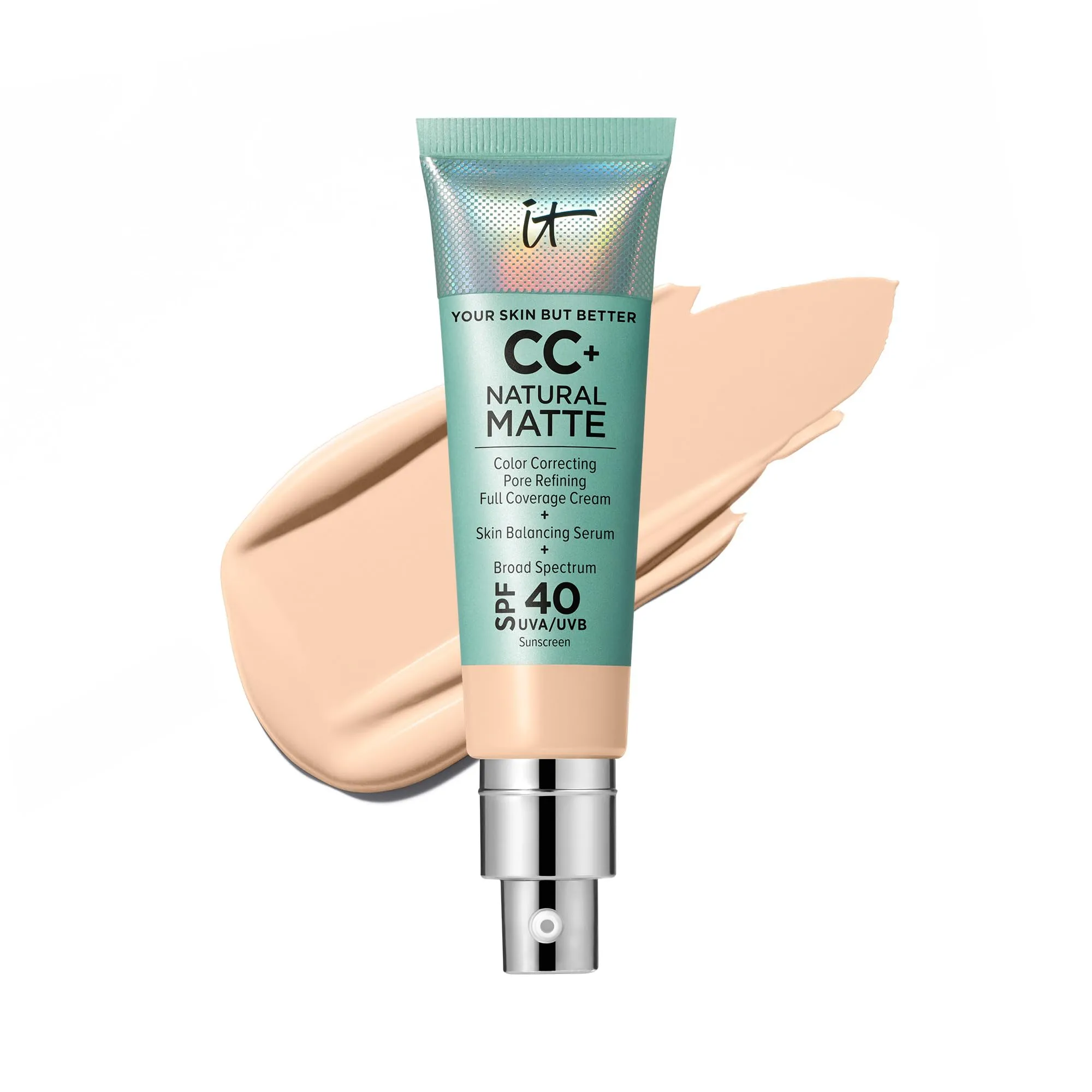 IT Cosmetics CC  Cream Natural Matte Foundation with SPF 40 - Shine-Reducing & Long-Wear Full Coverage Foundation For Oily Skin - With Hyaluronic Acid - Fragrance Free & Non-Comedogenic - 1.08 fl oz