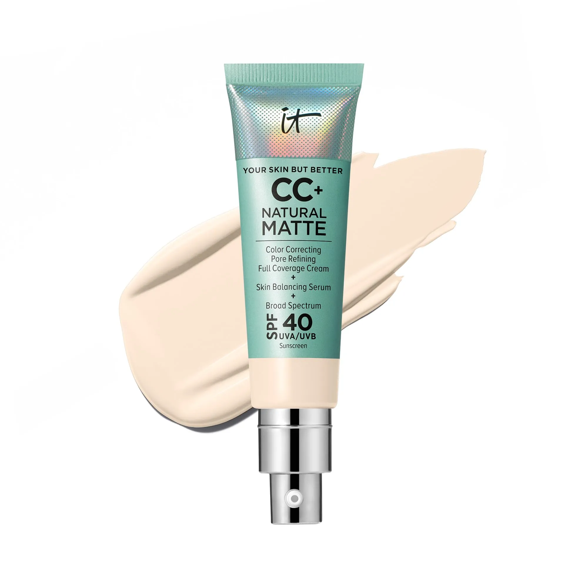 IT Cosmetics CC  Cream Natural Matte Foundation with SPF 40 - Shine-Reducing & Long-Wear Full Coverage Foundation For Oily Skin - With Hyaluronic Acid - Fragrance Free & Non-Comedogenic - 1.08 fl oz