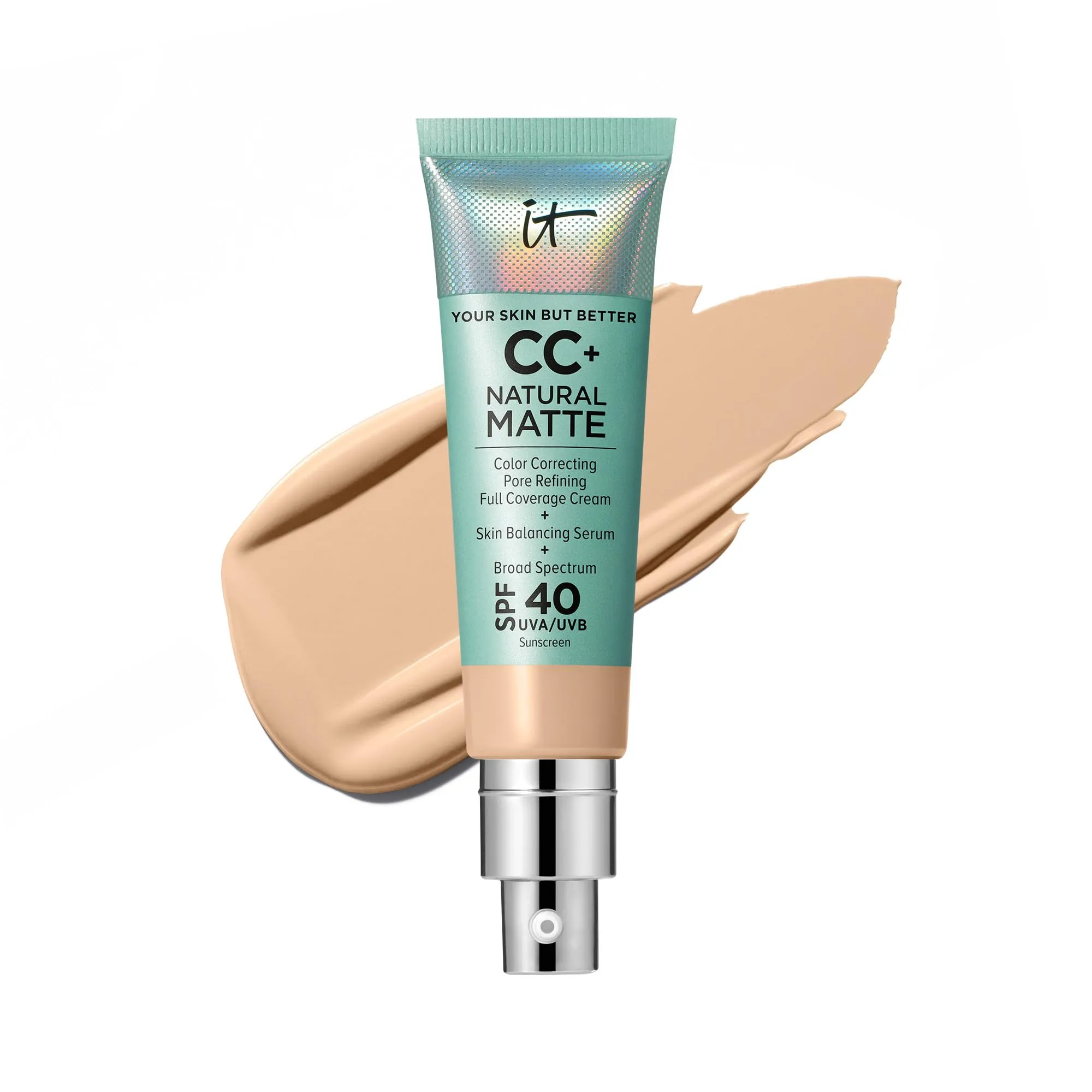 IT Cosmetics CC  Cream Natural Matte Foundation with SPF 40 - Shine-Reducing & Long-Wear Full Coverage Foundation For Oily Skin - With Hyaluronic Acid - Fragrance Free & Non-Comedogenic - 1.08 fl oz