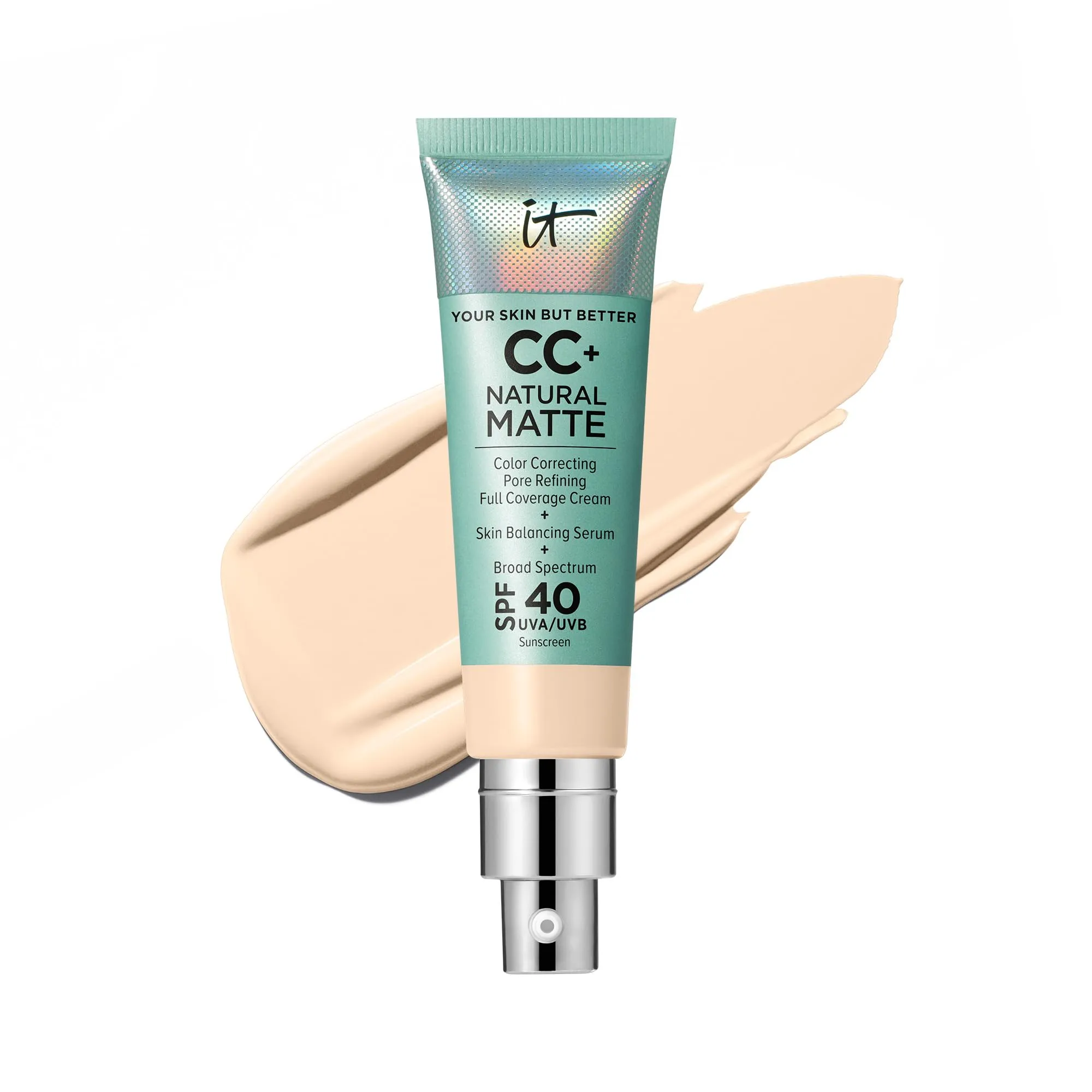 IT Cosmetics CC  Cream Natural Matte Foundation with SPF 40 - Shine-Reducing & Long-Wear Full Coverage Foundation For Oily Skin - With Hyaluronic Acid - Fragrance Free & Non-Comedogenic - 1.08 fl oz