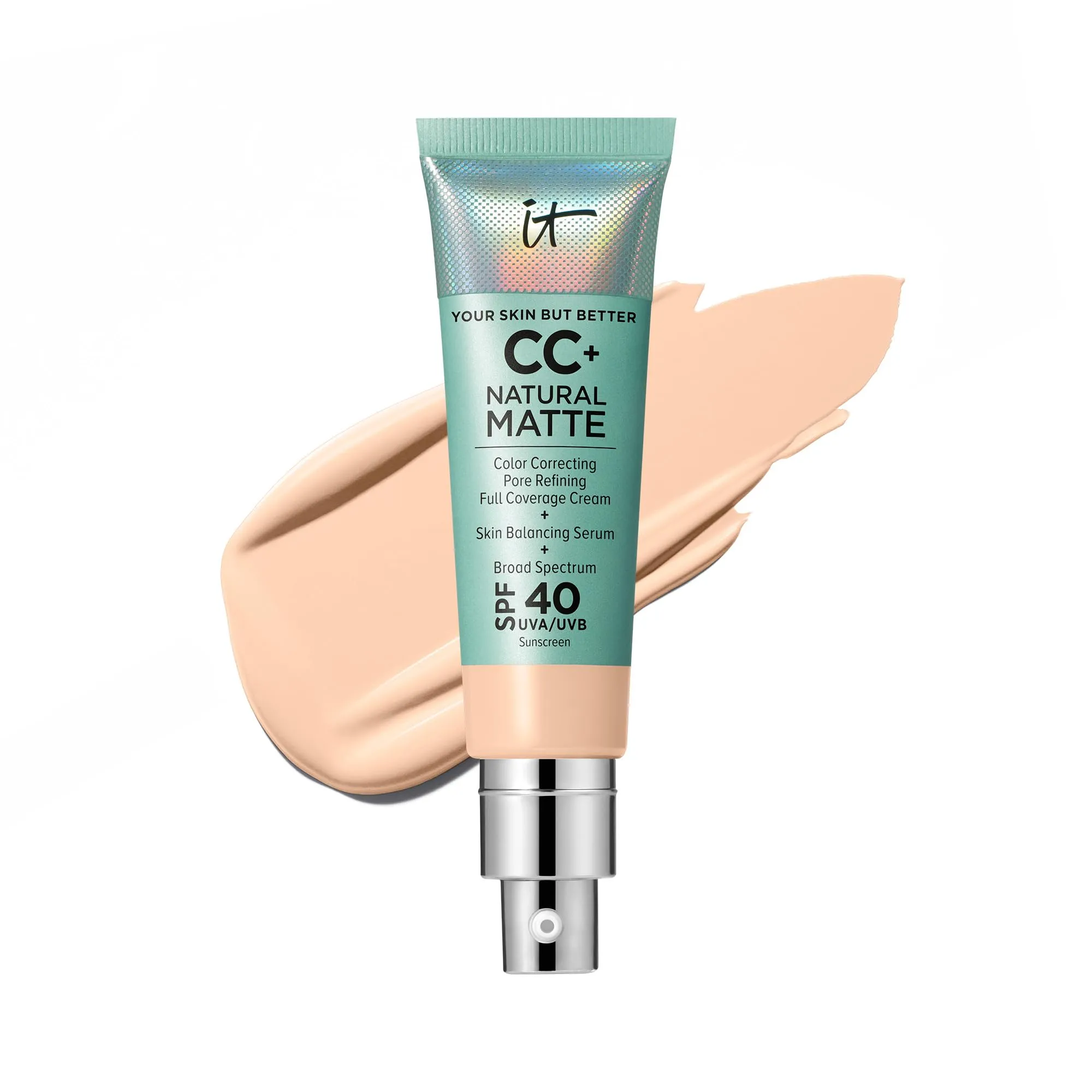 IT Cosmetics CC  Cream Natural Matte Foundation with SPF 40 - Shine-Reducing & Long-Wear Full Coverage Foundation For Oily Skin - With Hyaluronic Acid - Fragrance Free & Non-Comedogenic - 1.08 fl oz