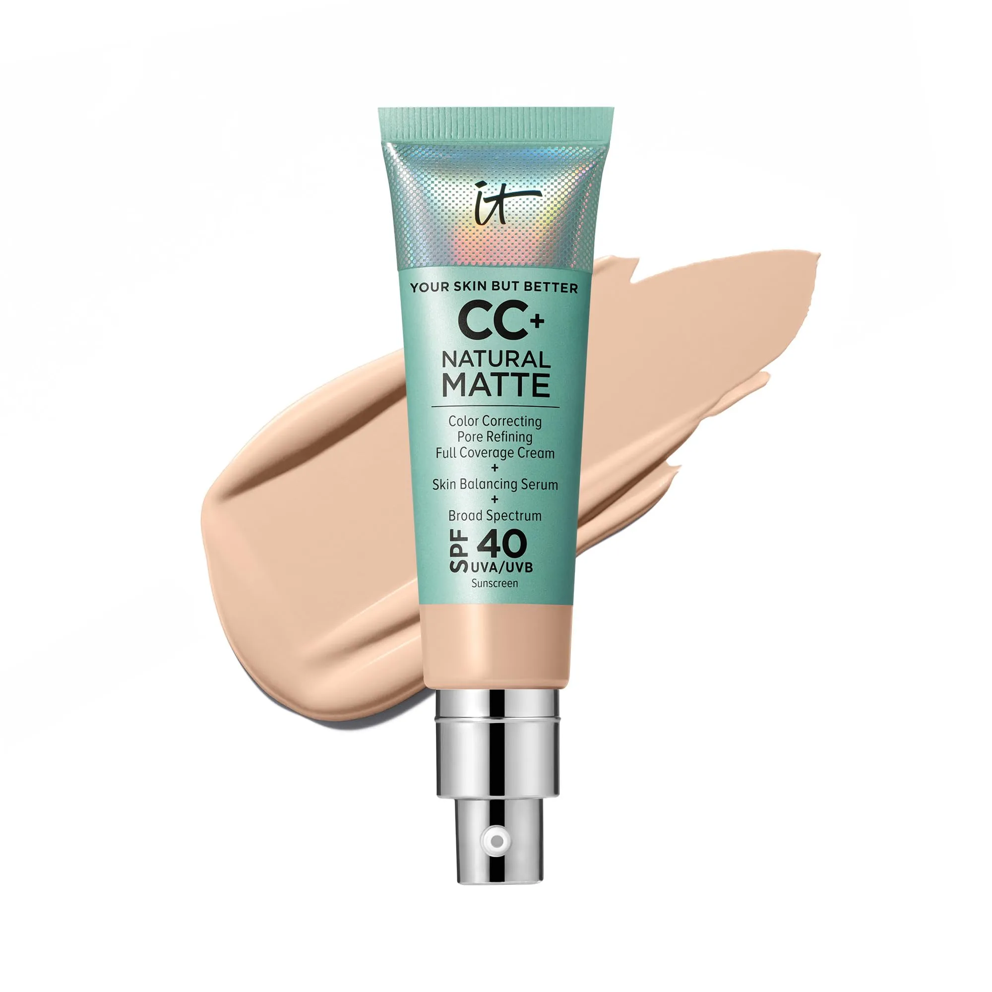 IT Cosmetics CC  Cream Natural Matte Foundation with SPF 40 - Shine-Reducing & Long-Wear Full Coverage Foundation For Oily Skin - With Hyaluronic Acid - Fragrance Free & Non-Comedogenic - 1.08 fl oz