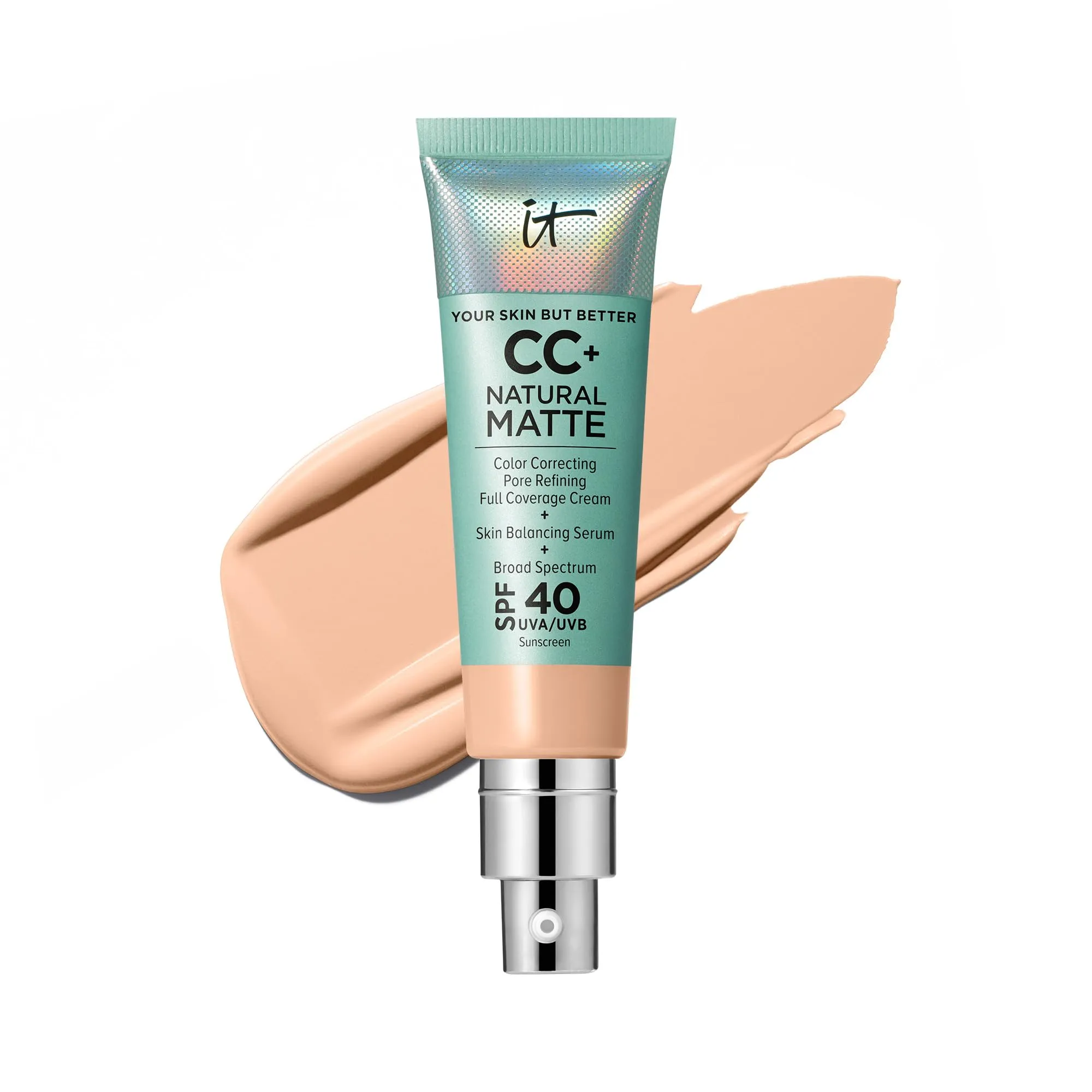 IT Cosmetics CC  Cream Natural Matte Foundation with SPF 40 - Shine-Reducing & Long-Wear Full Coverage Foundation For Oily Skin - With Hyaluronic Acid - Fragrance Free & Non-Comedogenic - 1.08 fl oz