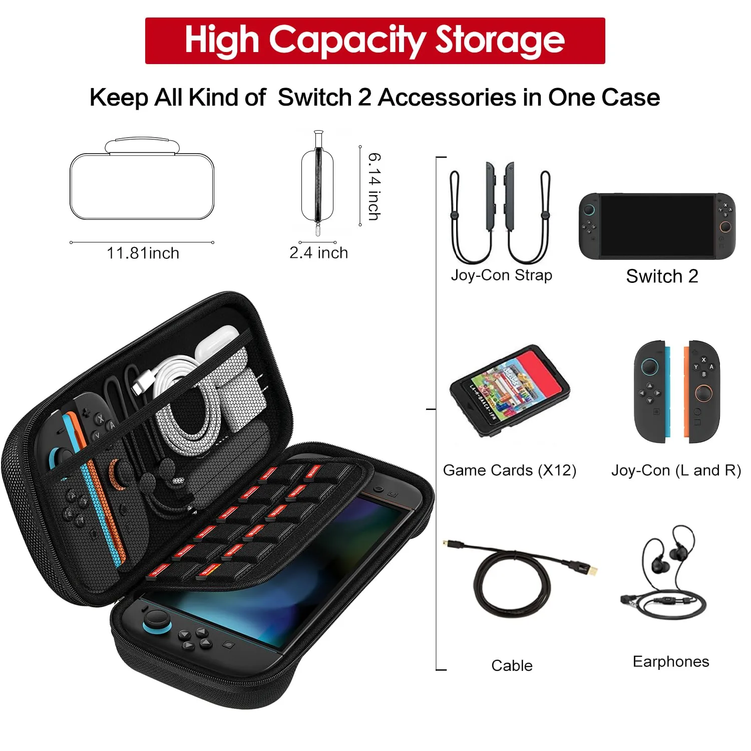 ivoler Carrying Case for Nintendo Switch 2 Model(2025), Portable Hard Shell Pouch Carrying Travel Game Bag for Nintendo Switch 2 Accessories Holds 12 Game Cartridge (Black)