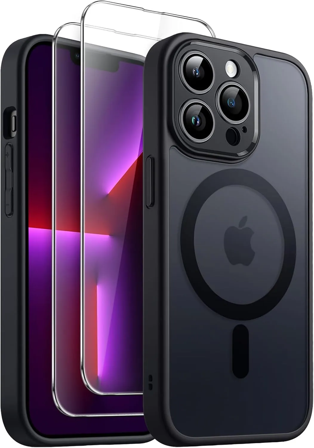 JETech 3 in 1 Magnetic Case for iPhone 13 Pro 6.1-Inch with 2-Pack Tempered Glass Screen Protector, Compatible with MagSafe, Translucent Matte Back Shockproof Phone Cover (Black)