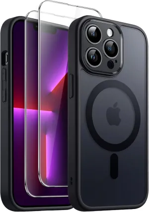 JETech 3 in 1 Magnetic Case for iPhone 13 Pro 6.1-Inch with 2-Pack Tempered Glass Screen Protector, Compatible with MagSafe, Translucent Matte Back Shockproof Phone Cover (Black)