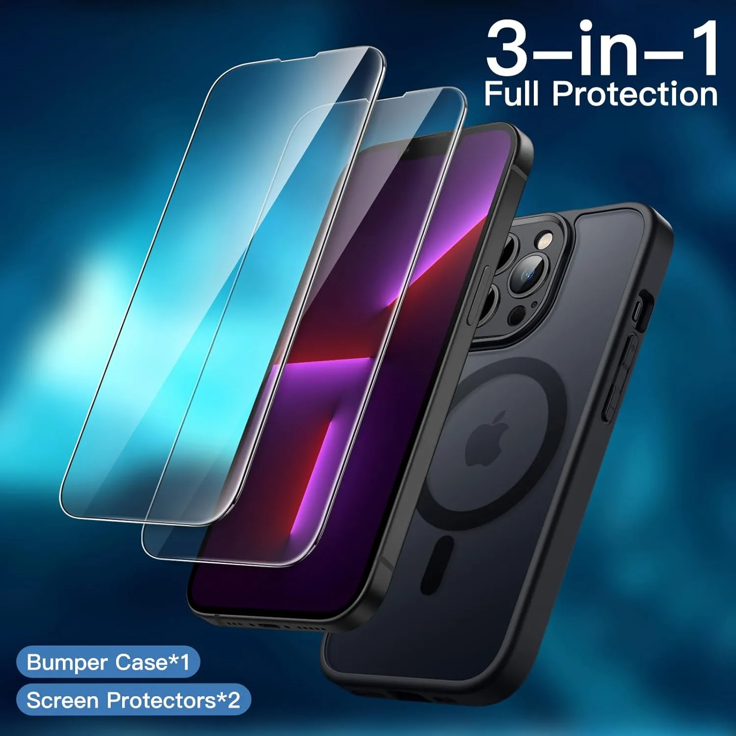 JETech 3 in 1 Magnetic Case for iPhone 13 Pro 6.1-Inch with 2-Pack Tempered Glass Screen Protector, Compatible with MagSafe, Translucent Matte Back Shockproof Phone Cover (Black)