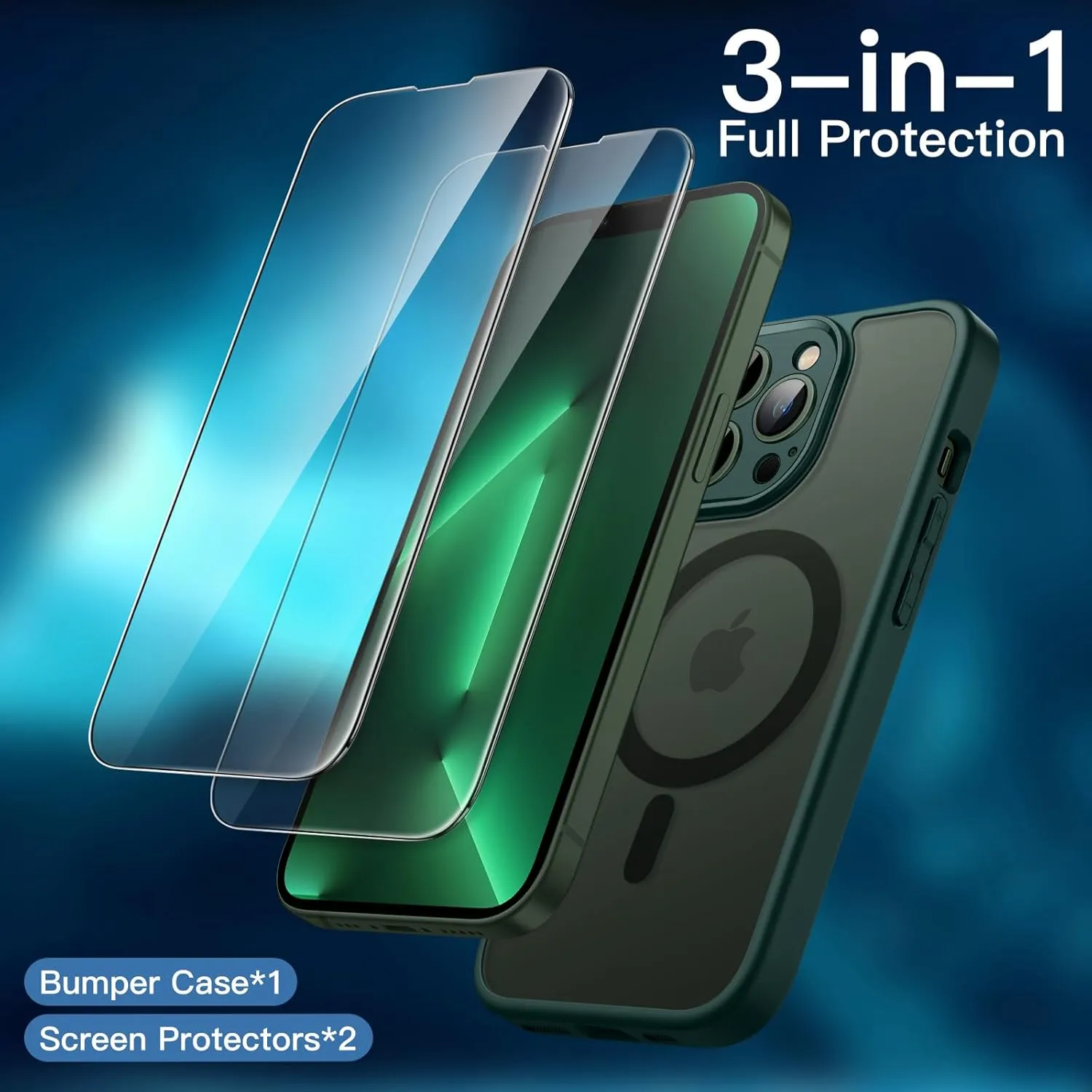 JETech 3 in 1 Magnetic Case for iPhone 13 Pro 6.1-Inch with 2-Pack Tempered Glass Screen Protector, Compatible with MagSafe, Translucent Matte Back Shockproof Phone Cover (Dark Green)