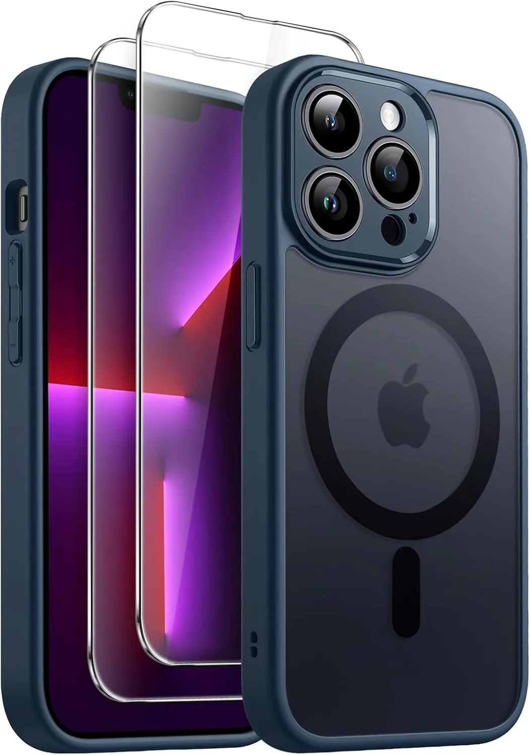 JETech 3 in 1 Magnetic Case for iPhone 13 Pro 6.1-Inch with 2-Pack Tempered Glass Screen Protector, Compatible with MagSafe, Translucent Matte Back Shockproof Phone Cover (Storm Blue)