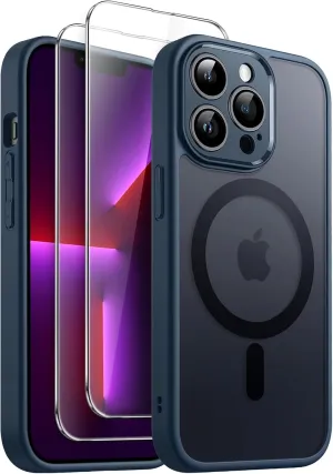 JETech 3 in 1 Magnetic Case for iPhone 13 Pro 6.1-Inch with 2-Pack Tempered Glass Screen Protector, Compatible with MagSafe, Translucent Matte Back Shockproof Phone Cover (Storm Blue)