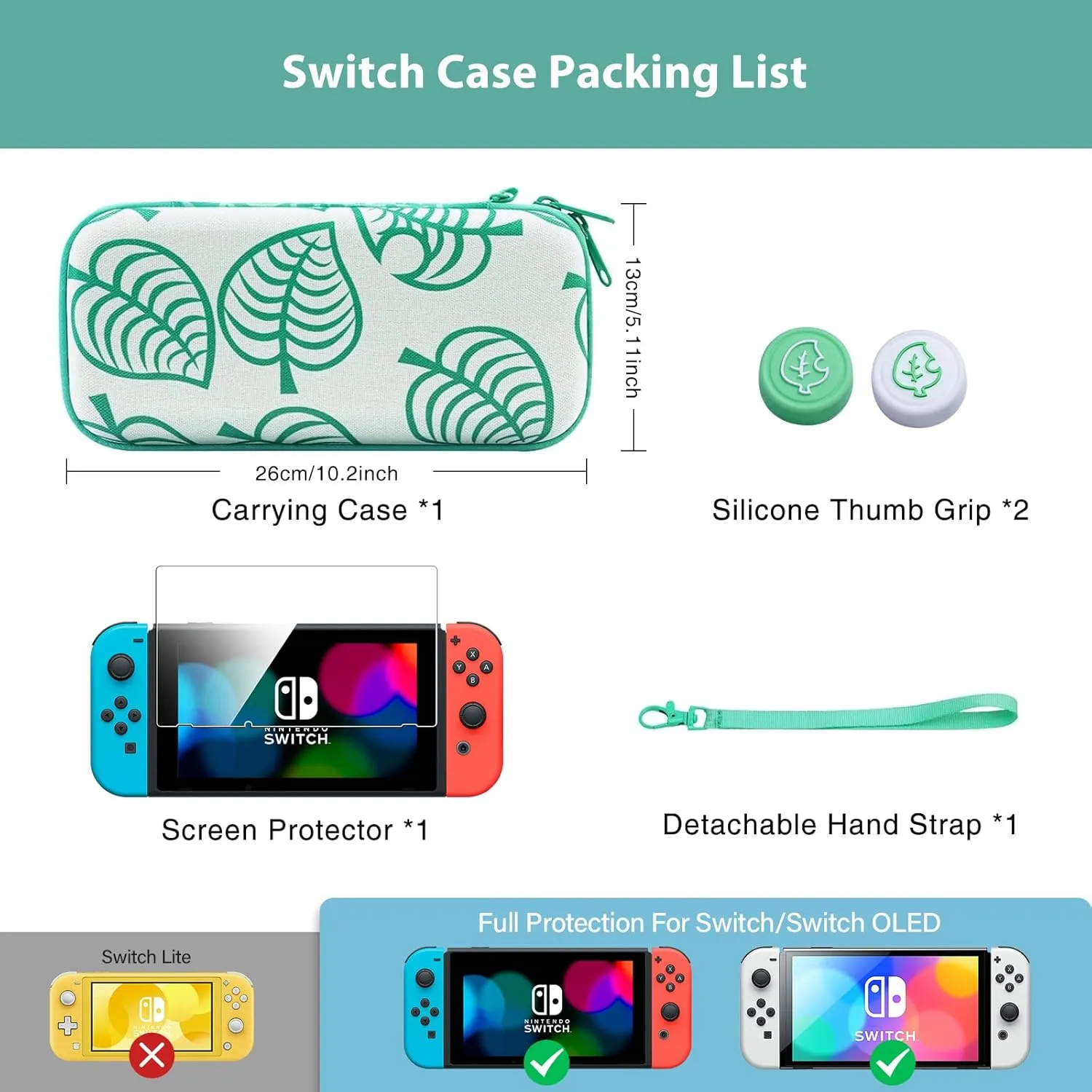 JINGDU Carrying Case for Switch, 4 in 1 Protective Storage Bag Set with Game Card Slots for Leaf Crossing Switch Console include Screen Protector & Thumb Grips & Hand Strap