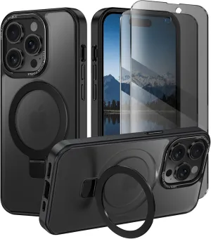 Lamcase for iPhone 14 Pro Max Case, Compatible with MagSafe, with Privacy Screen Protectors X2, [Magnetic Invisible Stand] [Camera Protection] Shockproof Slim Translucent Matte Phone Case, Black