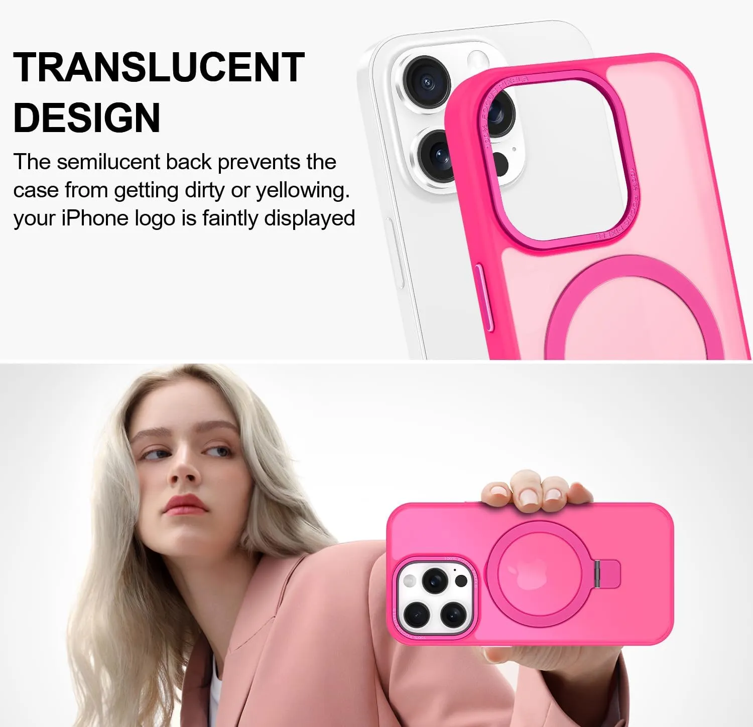 Lamcase for iPhone 14 Pro Max Case, Compatible with MagSafe, with Privacy Screen Protectors X2, [Magnetic Invisible Stand] [Camera Protection] Shockproof Slim Translucent Matte Phone Case, Hot Pink
