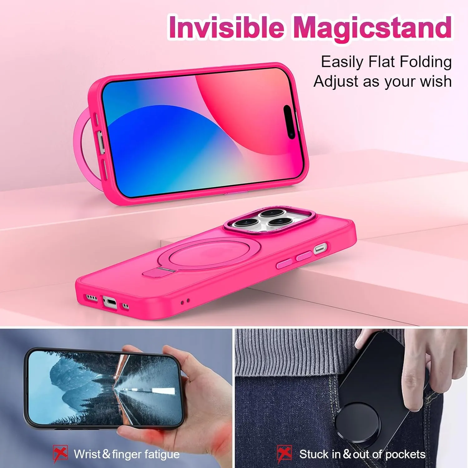 Lamcase for iPhone 14 Pro Max Case, Compatible with MagSafe, with Privacy Screen Protectors X2, [Magnetic Invisible Stand] [Camera Protection] Shockproof Slim Translucent Matte Phone Case, Hot Pink