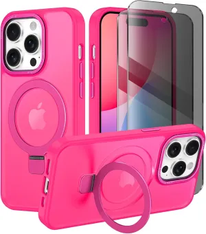 Lamcase for iPhone 14 Pro Max Case, Compatible with MagSafe, with Privacy Screen Protectors X2, [Magnetic Invisible Stand] [Camera Protection] Shockproof Slim Translucent Matte Phone Case, Hot Pink