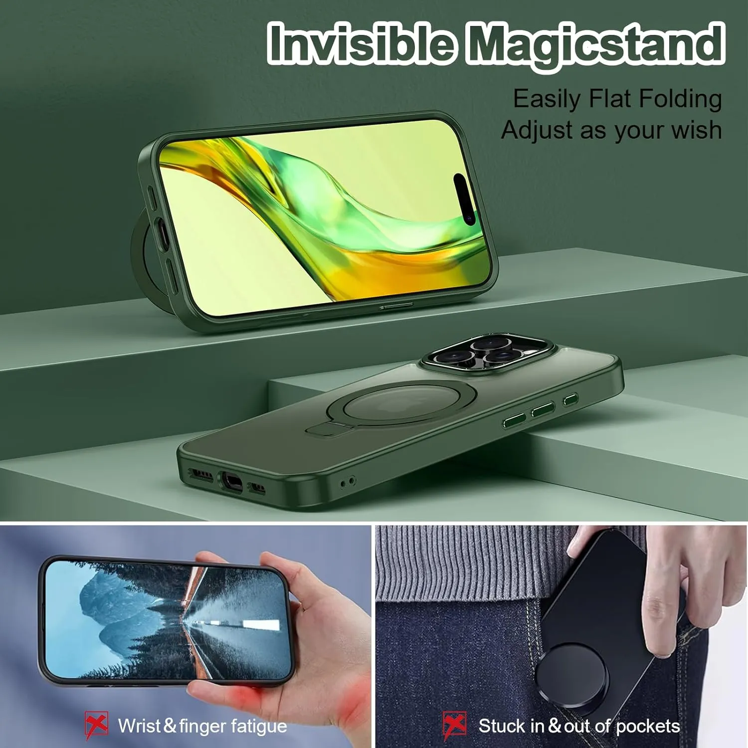 Lamcase for iPhone 16 Pro Max Case, Compatible with MagSafe, with Privacy Screen Protectors X2, [Magnetic Invisible Stand] [Camera Protection] Shockproof Slim Translucent Matte Phone Case, Green