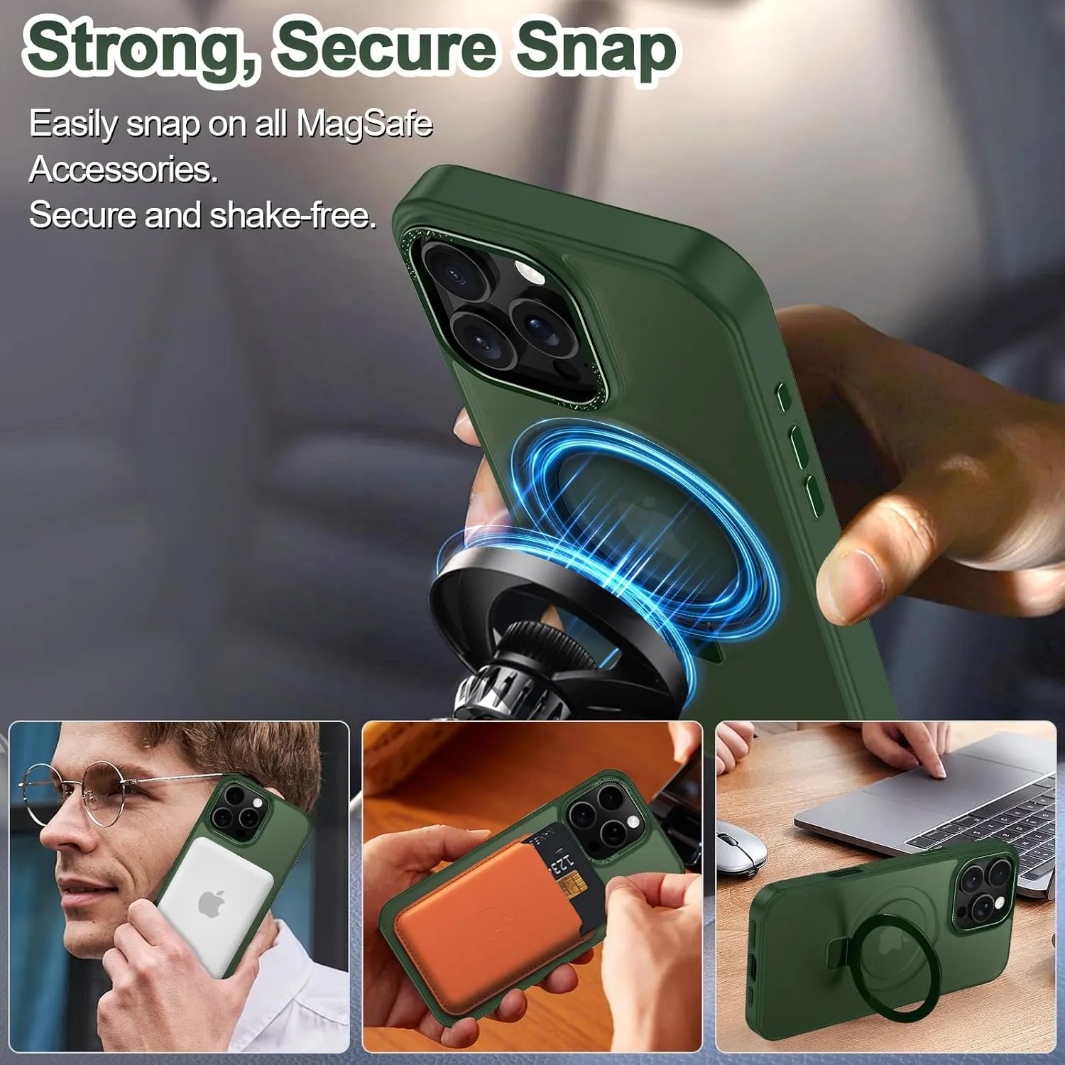 Lamcase for iPhone 16 Pro Max Case, Compatible with MagSafe, with Privacy Screen Protectors X2, [Magnetic Invisible Stand] [Camera Protection] Shockproof Slim Translucent Matte Phone Case, Green