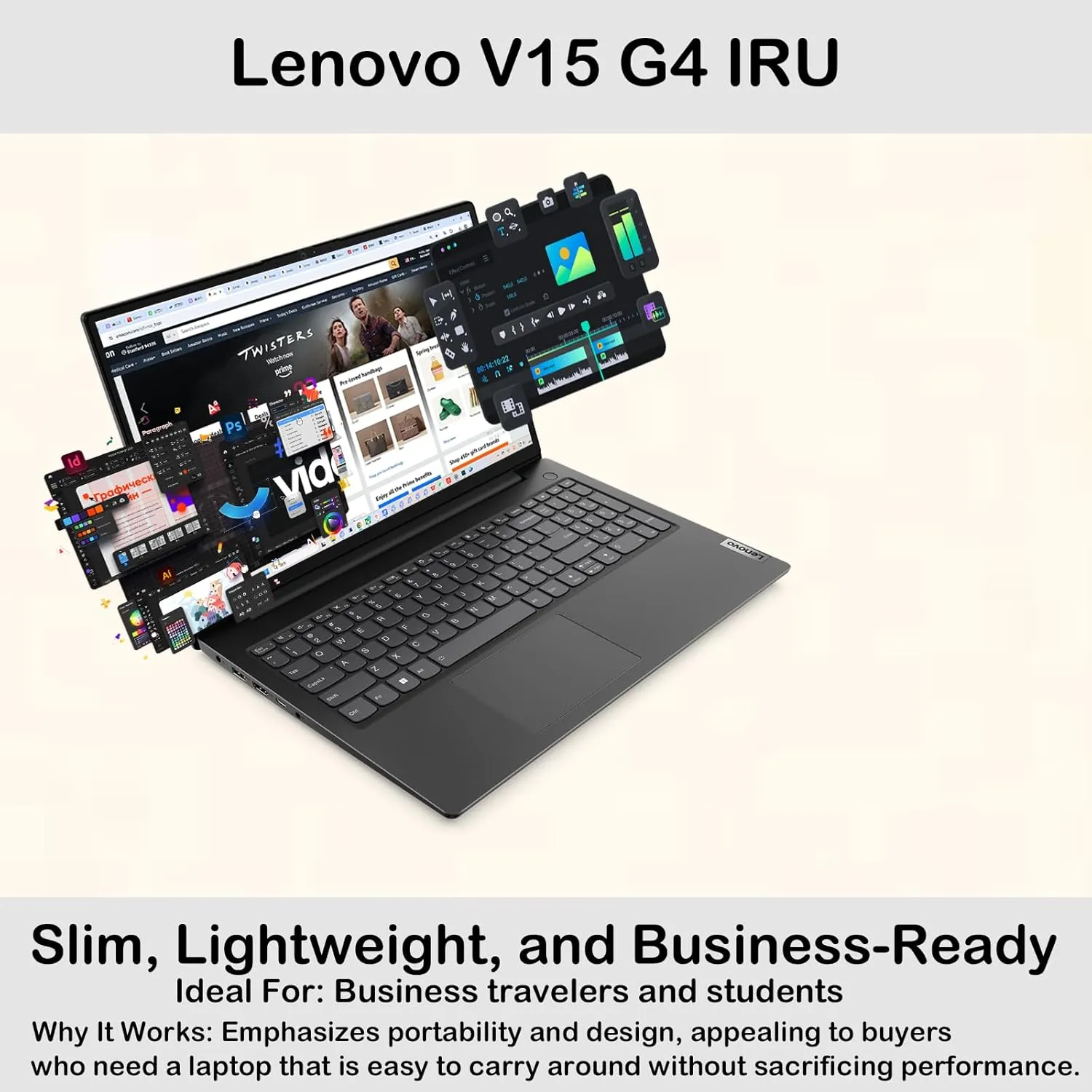 Lenovo V15-G4-IRU High-Performance Business Laptop - Intel i7-1355U Processor, 15.6" FHD, Wi-Fi 6, Numeric Keypad, HDMI, RJ45, USB Hub, Win11 Pro, Ms Office Lifetime (40GB RAM | 1TB SSD)