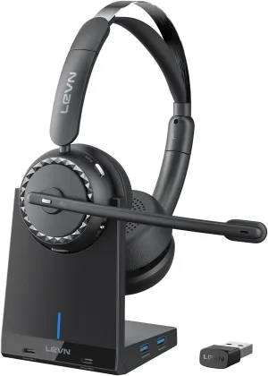LEVN Wireless Headset, Wireless Headset with Mic for Work, AI Noise Cancelling, 65 Hrs Working Time, Bluetooth Headphones with Microphone from Home/Computer/Call Center/Teams