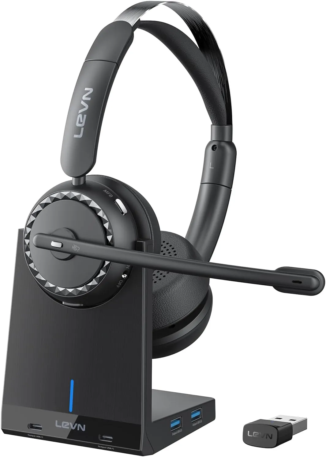 LEVN Wireless Headset, Wireless Headset with Mic for Work, AI Noise Cancelling, 65 Hrs Working Time, Bluetooth Headphones with Microphone from Home/Computer/Call Center/Teams