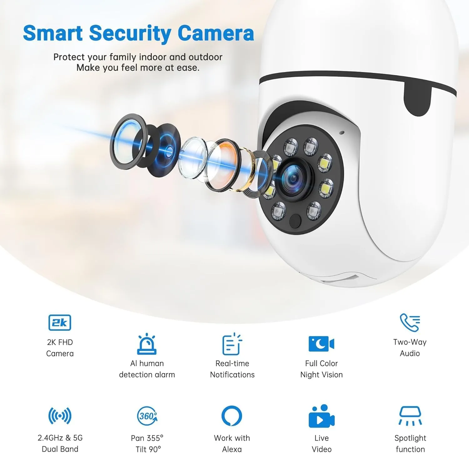 Light Bulb Security Camera -5G& 2.4GHz WiFi Cameras Outdoor Wireless Motion Detection and Alarm,Two-Way Talk,Color Night Vision,Human Detection, Light Socket Camera Compatible with Alexa,2 Pack