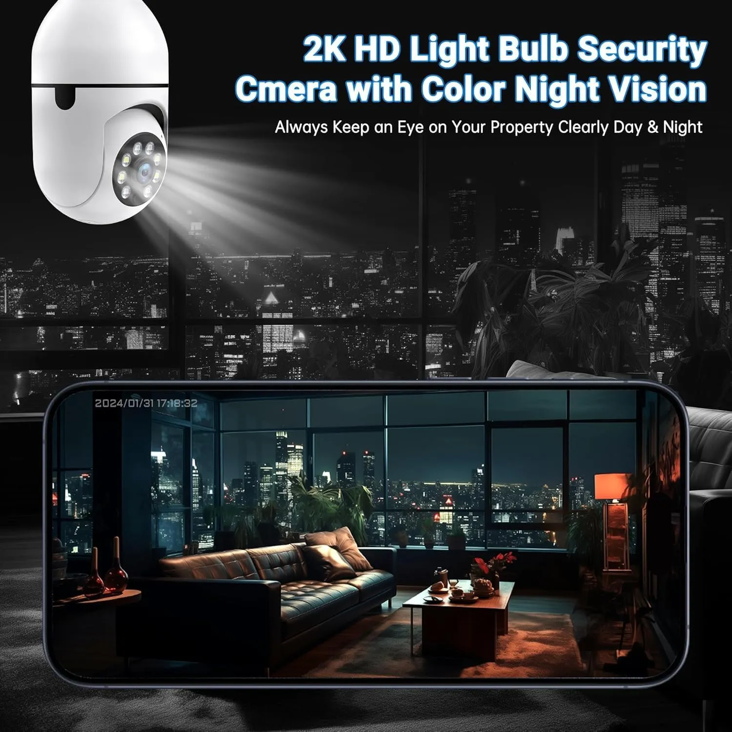 Light Bulb Security Camera -5G& 2.4GHz WiFi Cameras Outdoor Wireless Motion Detection and Alarm,Two-Way Talk,Color Night Vision,Human Detection, Light Socket Camera Compatible with Alexa,2 Pack
