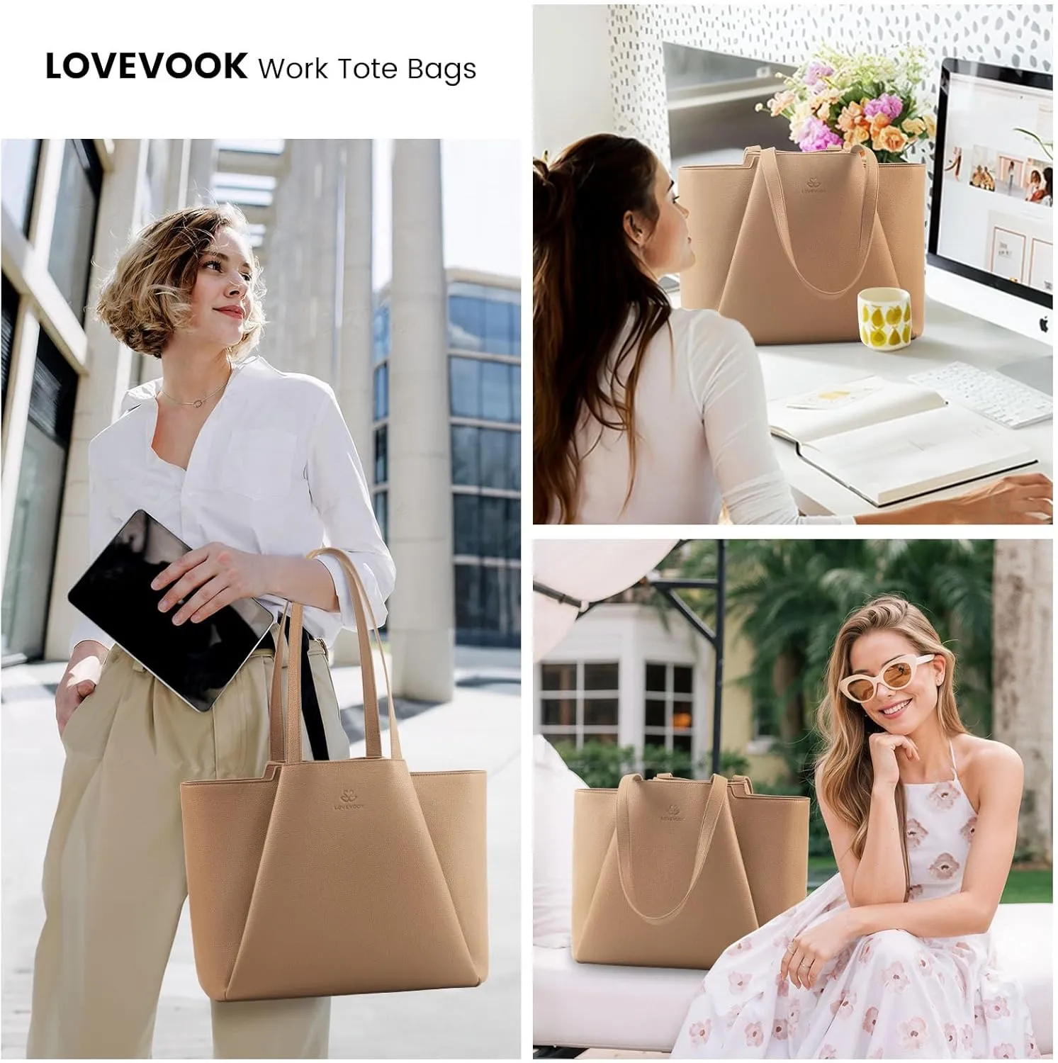 LOVEVOOK Laptop Tote Bag for Women 15.6 Inch Work Bag Leather Laptop Bag with Clutch, Large Capacity Office Purse Computer Briefcase Shoulder Bag for Casual Business Travel, Apricot