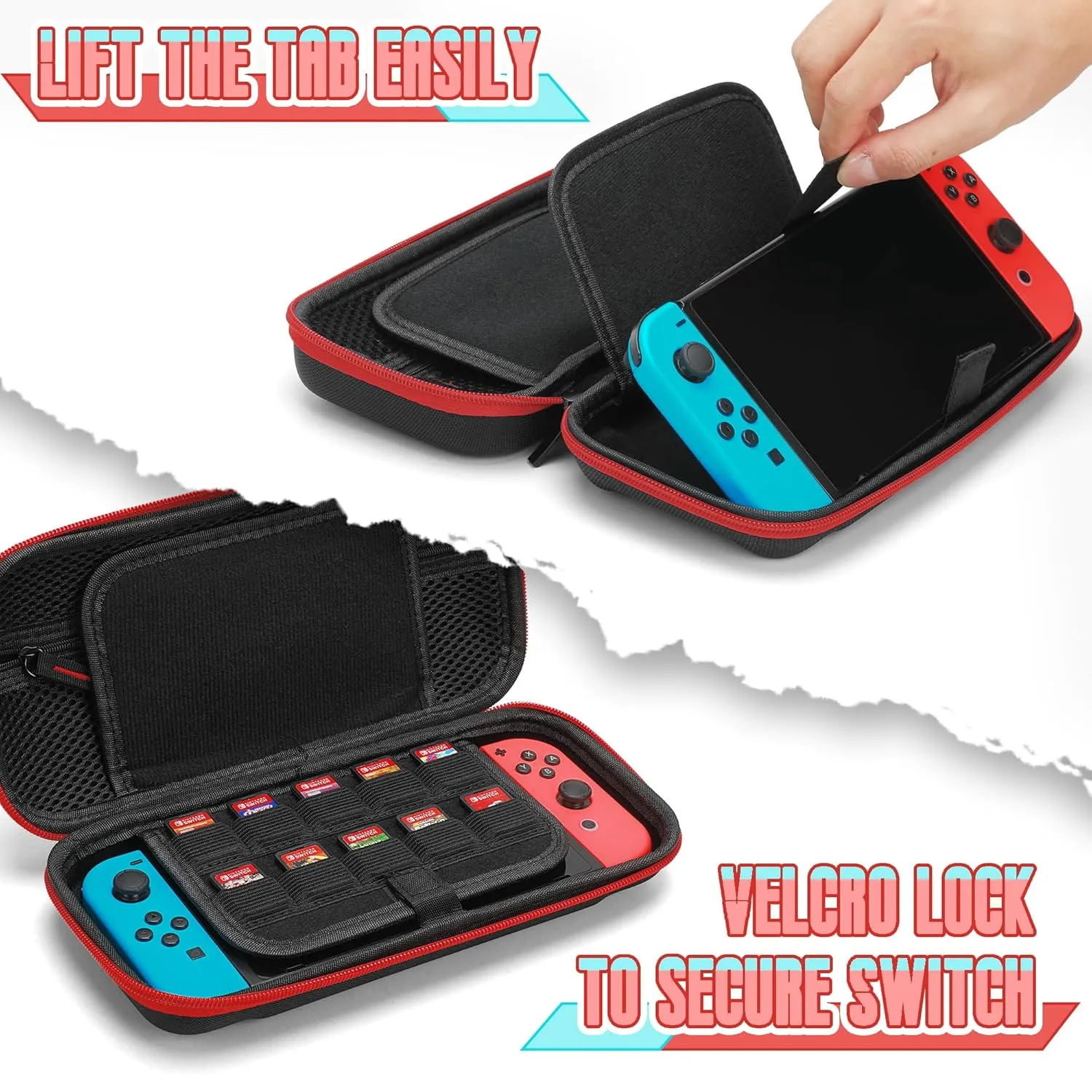 LOVSTORAGE Carry Case Compatible with Nintendo Switch Switch OLED Console Protective Portable Travel Carrying Case Pouch with Pockets for Console and Accessories (Black/Red)