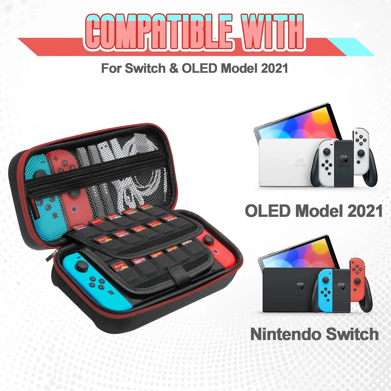 LOVSTORAGE Carry Case Compatible with Nintendo Switch Switch OLED Console Protective Portable Travel Carrying Case Pouch with Pockets for Console and Accessories (Black/Red)