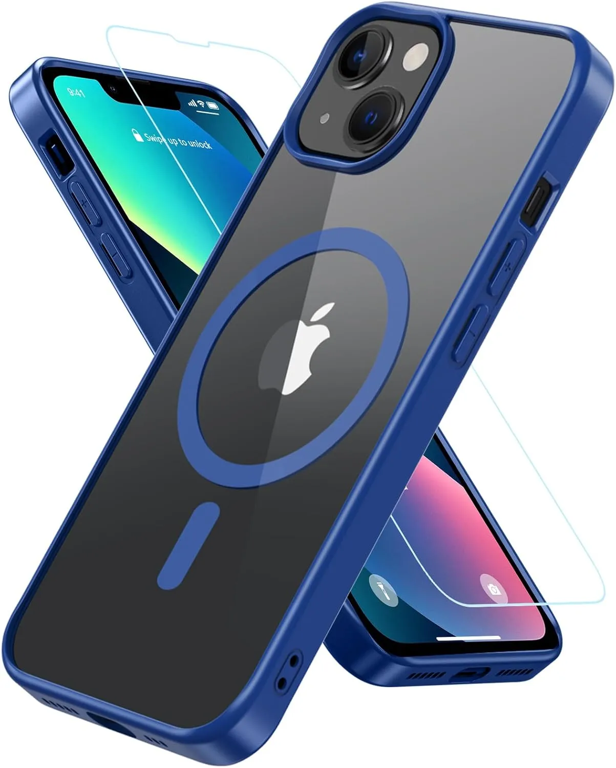 Magnetic for iPhone 13 Phone Case,with Glass Screen Protector [Compatible with MagSafe] Military Grade Drop Protection Shockproof Slim Thin Phone Cover for iPhone 13 6.1"-Blue