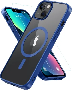 Magnetic for iPhone 13 Phone Case,with Glass Screen Protector [Compatible with MagSafe] Military Grade Drop Protection Shockproof Slim Thin Phone Cover for iPhone 13 6.1"-Blue