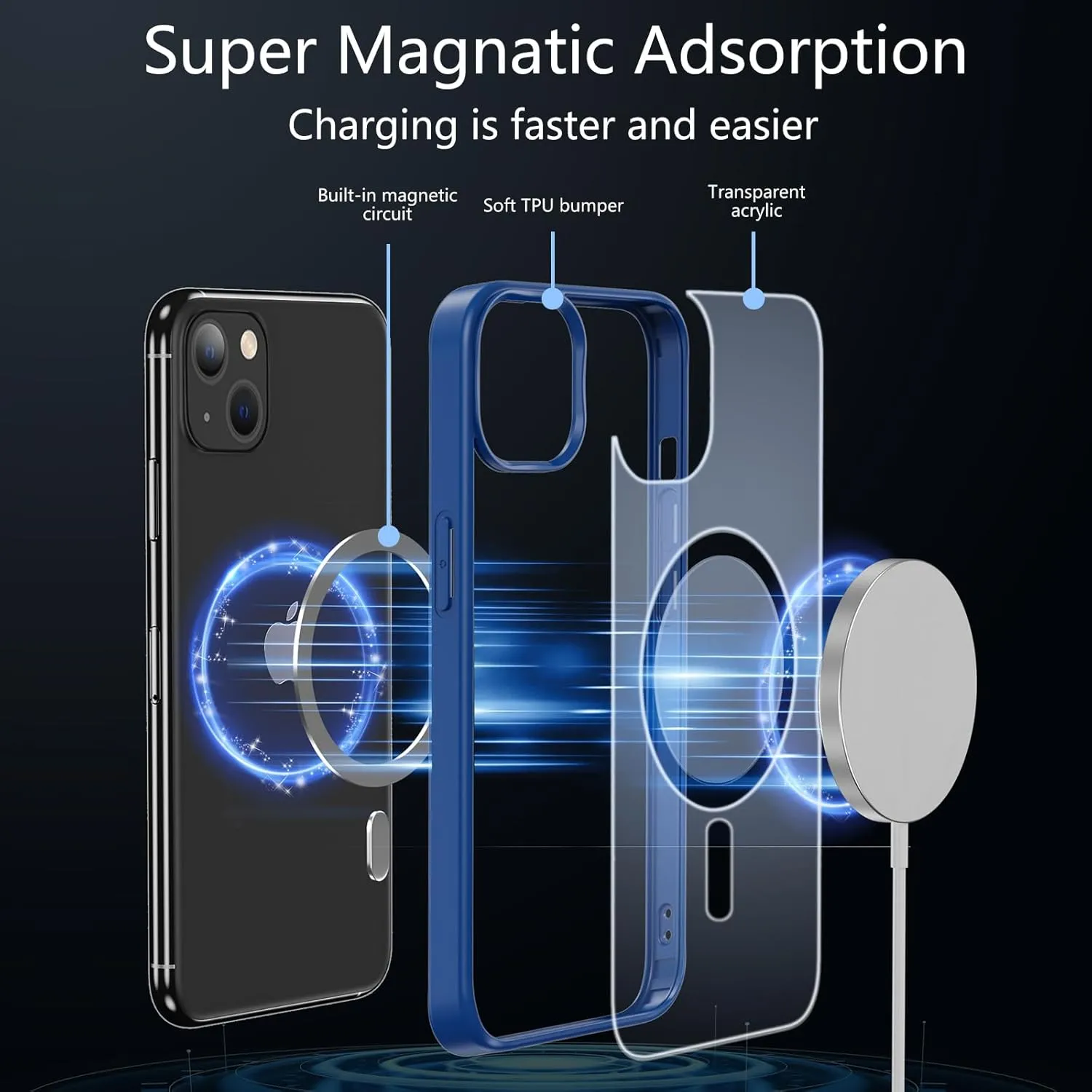 Magnetic for iPhone 13 Phone Case,with Glass Screen Protector [Compatible with MagSafe] Military Grade Drop Protection Shockproof Slim Thin Phone Cover for iPhone 13 6.1"-Blue