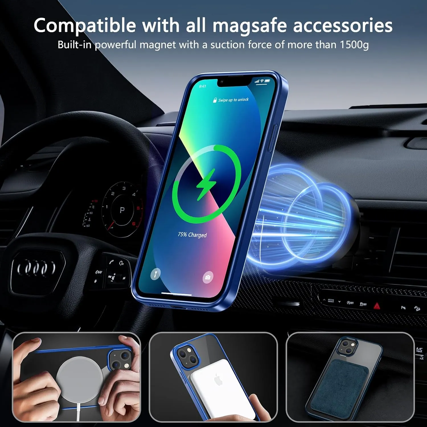 Magnetic for iPhone 13 Phone Case,with Glass Screen Protector [Compatible with MagSafe] Military Grade Drop Protection Shockproof Slim Thin Phone Cover for iPhone 13 6.1"-Blue