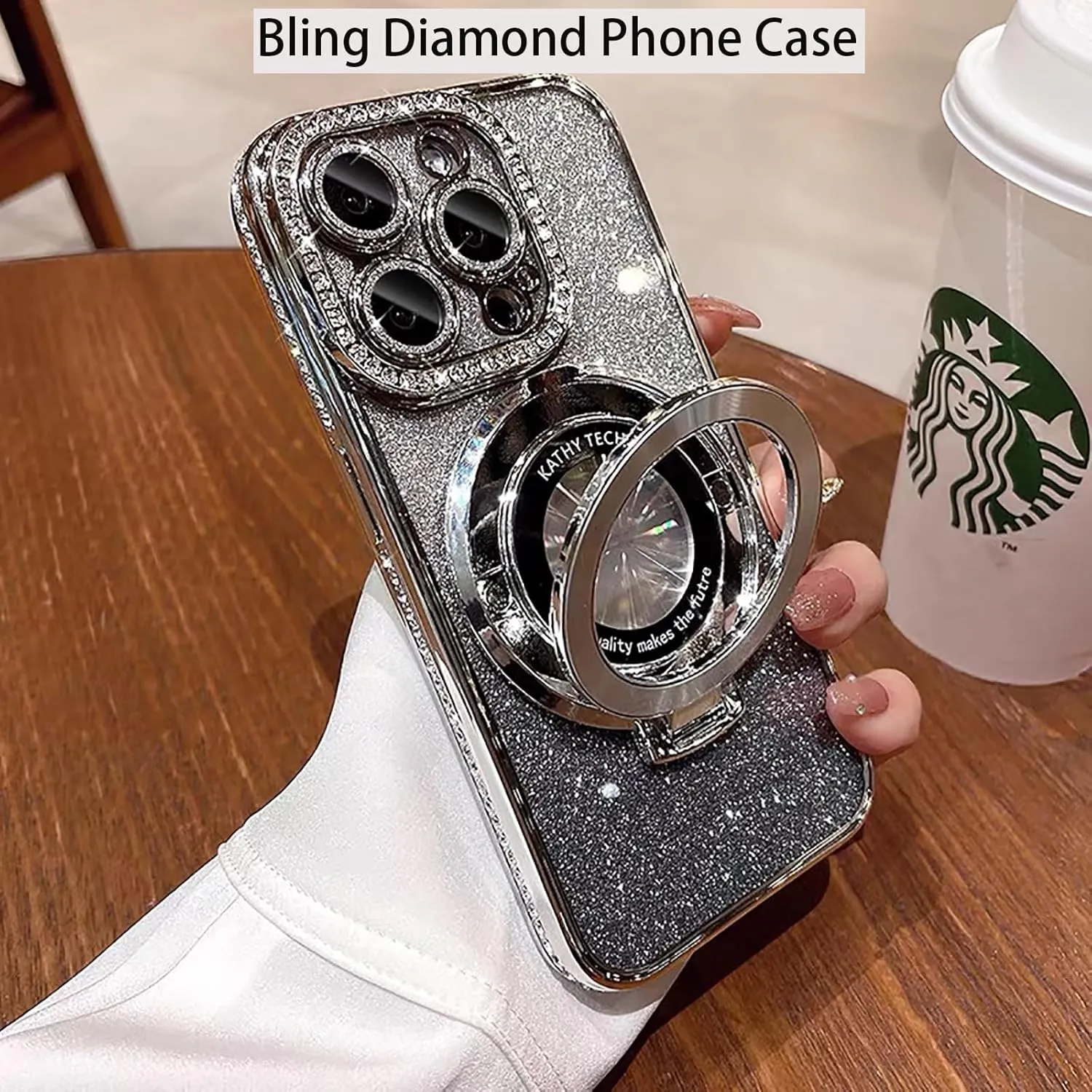 Magnetic Kickstand Case for iPhone 13 with Glitter Lens Protector, Compatible with Magsafe, Luxury Bling Diamond Cover Glitter Rhinestone Phone Case Women (Silver, for iPhone 13 6.1")