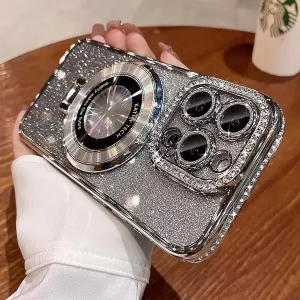 Magnetic Kickstand Case for iPhone 13 with Glitter Lens Protector, Compatible with Magsafe, Luxury Bling Diamond Cover Glitter Rhinestone Phone Case Women (Silver, for iPhone 13 6.1")