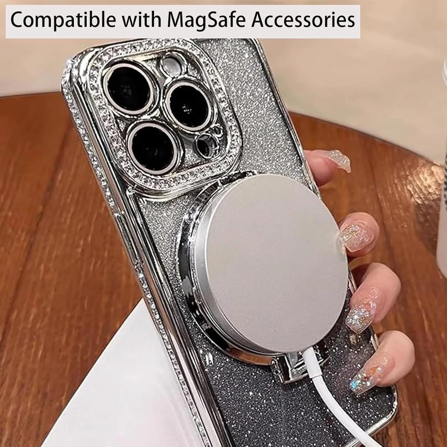 Magnetic Kickstand Case for iPhone 13 with Glitter Lens Protector, Compatible with Magsafe, Luxury Bling Diamond Cover Glitter Rhinestone Phone Case Women (Silver, for iPhone 13 6.1")