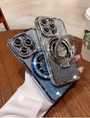 Magnetic Kickstand (Glitter Lens Protector ) Case for iPhone 15 14 13 12 Pro Max (Compatible with Magsafe ) Sparkling Diamond Cover Glitter Shiny Rhinestone Cases (Blue,for iPhone 15 Pro Max)
