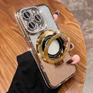 Magnetic Kickstand (Glitter Lens Protector ) Case for iPhone 15 14 13 12 Pro Max (Compatible with Magsafe ) Sparkling Diamond Cover Glitter Shiny Rhinestone Cases (Gold,for iPhone 12 Pro Max)