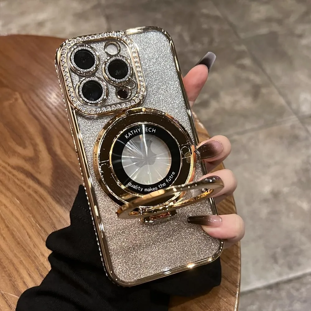 Magnetic Kickstand (Glitter Lens Protector ) Case for iPhone 15 14 13 12 Pro Max (Compatible with Magsafe ) Sparkling Diamond Cover Glitter Shiny Rhinestone Cases (Gold,for iPhone 12 Pro Max)