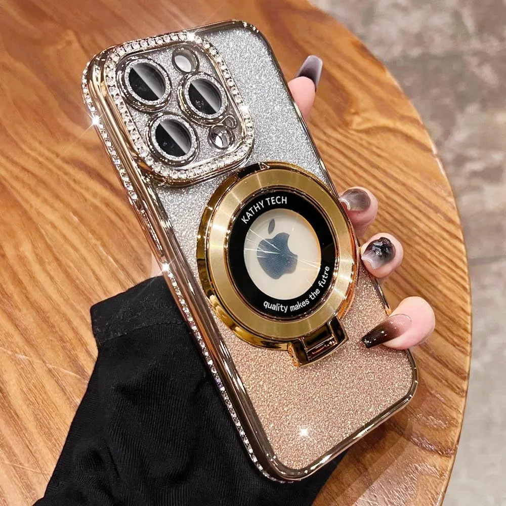 Magnetic Kickstand (Glitter Lens Protector ) Case for iPhone 15 14 13 12 Pro Max (Compatible with Magsafe ) Sparkling Diamond Cover Glitter Shiny Rhinestone Cases (Gold,for iPhone 12 Pro Max)