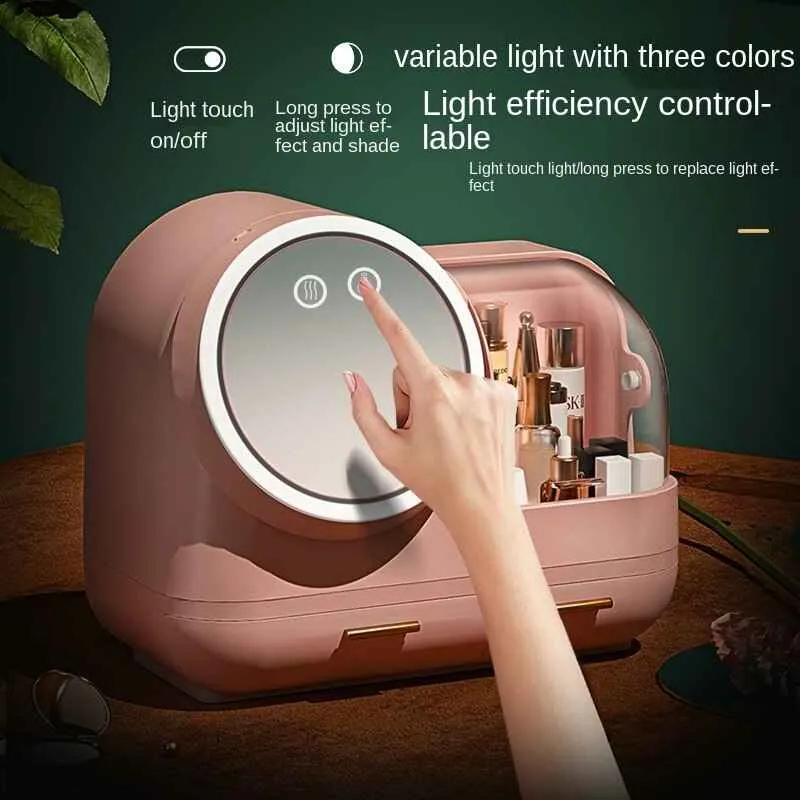 Makeup Storage Box with LED Mirror and Fan