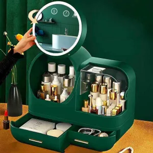 Makeup Storage Box with LED Mirror and Fan