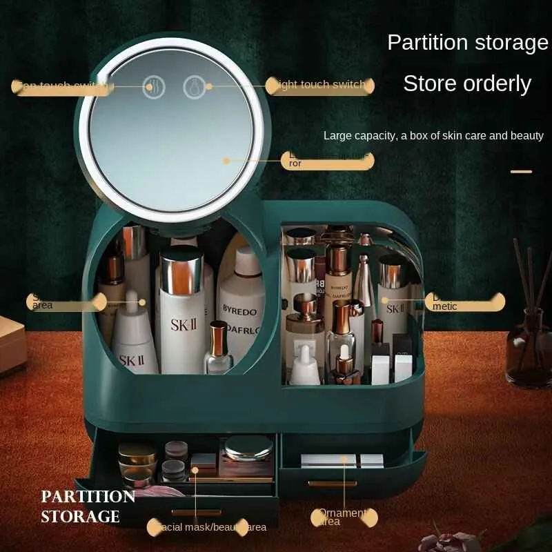 Makeup Storage Box with LED Mirror and Fan