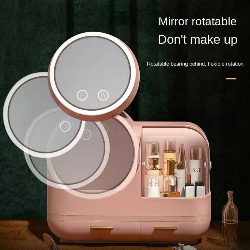 Makeup Storage Box with LED Mirror and Fan