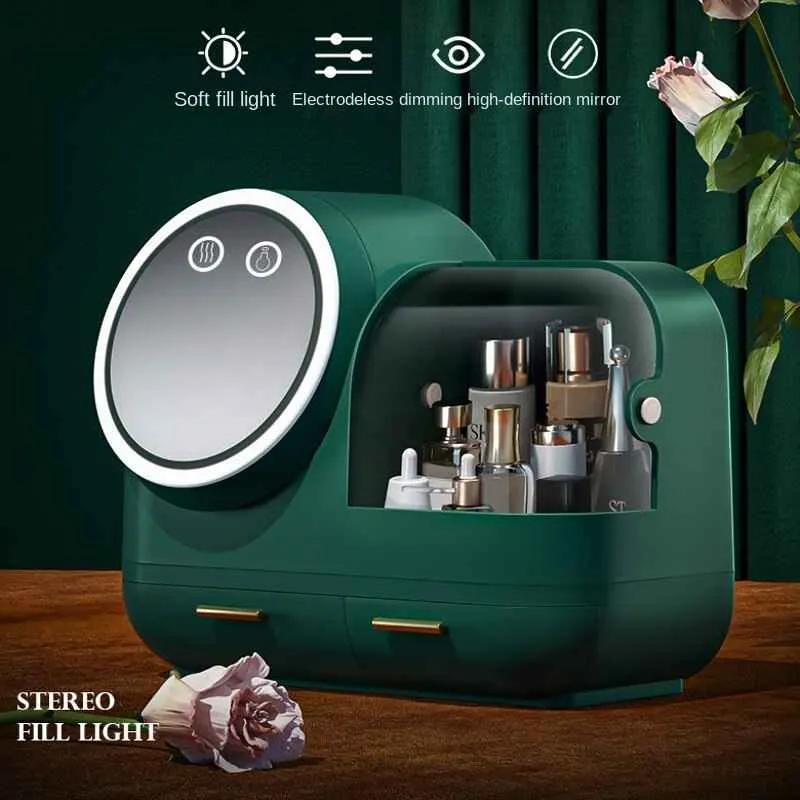 Makeup Storage Box with LED Mirror and Fan