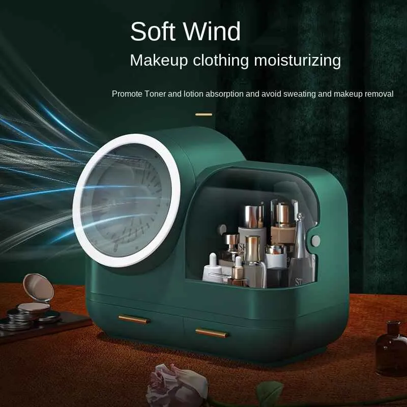 Makeup Storage Box with LED Mirror and Fan