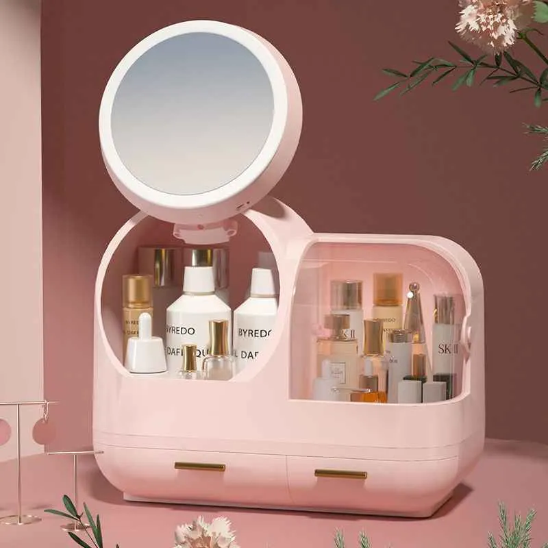 Makeup Storage Box with LED Mirror and Fan