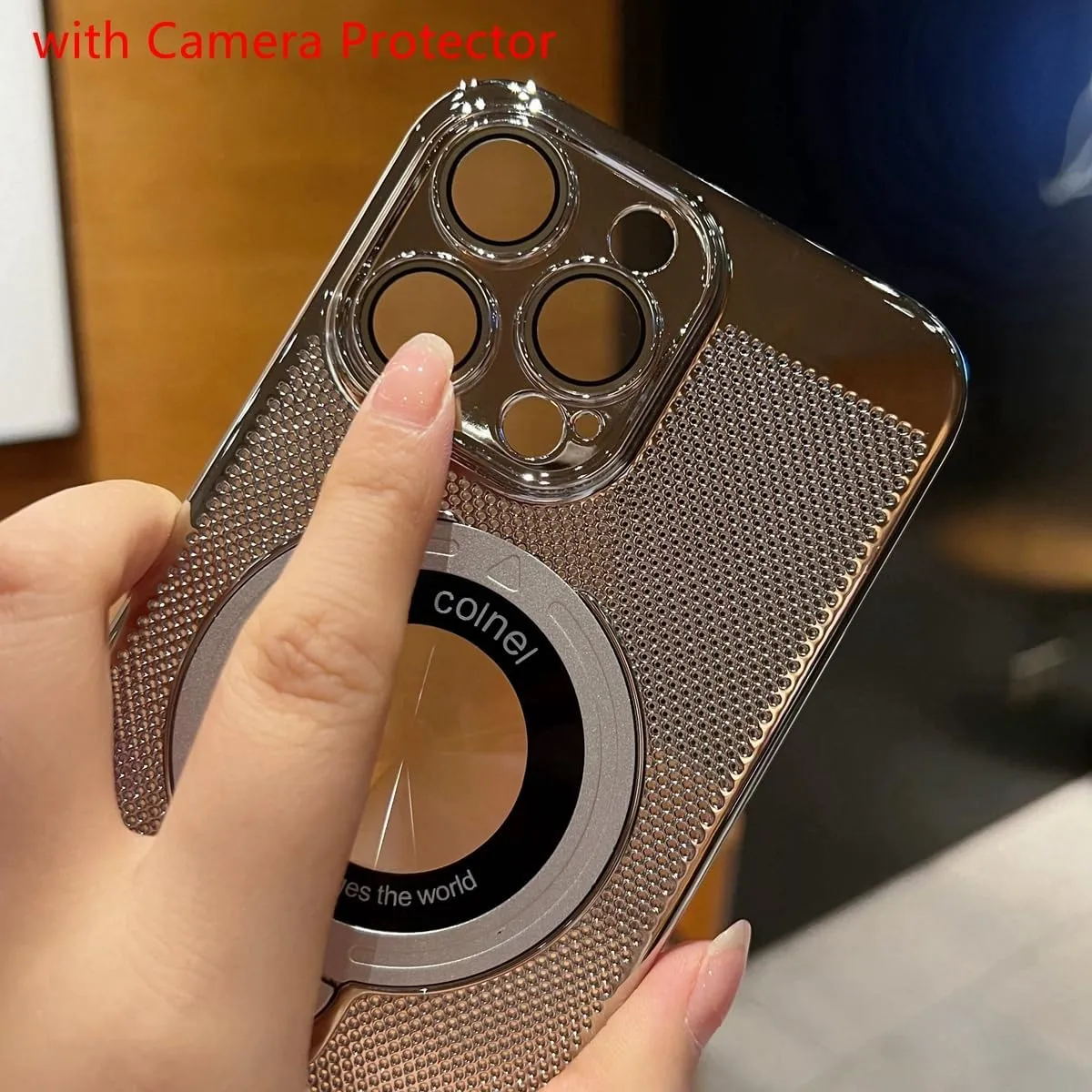 Mesh Heat Dissipation Magnetic Kickstand Case for iPhone 15 14 13 12 Pro Max [Compatible with MagSafe] Logo View Electroplated Camera Protector Slim Cover (Gold,for iPhone 16 Pro Max)